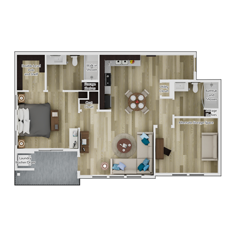 Floor plan for 1 bed, 2 baths, 1006 sqft